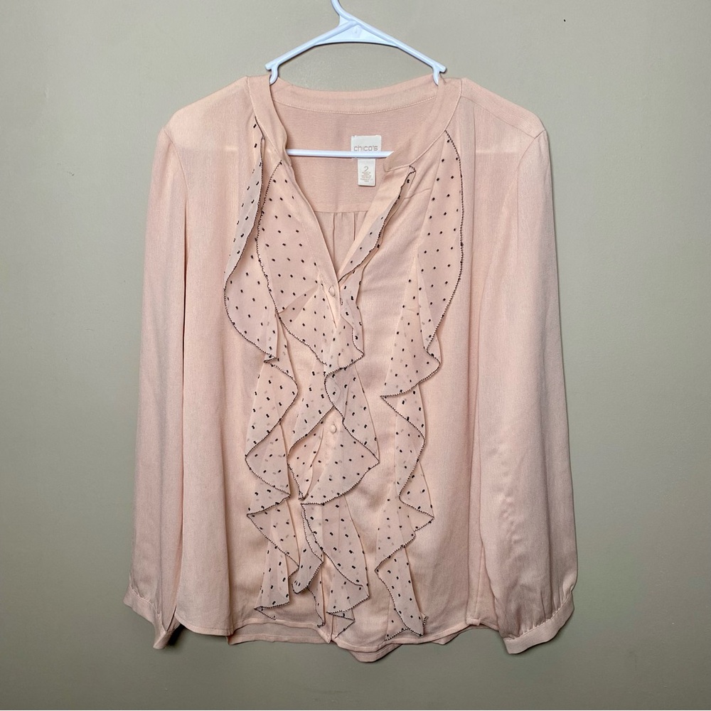 Chico’s Blush Light Pink Black Dotted Ruffle Long Sleeve Button Down Blouse - Picture 10 of 10